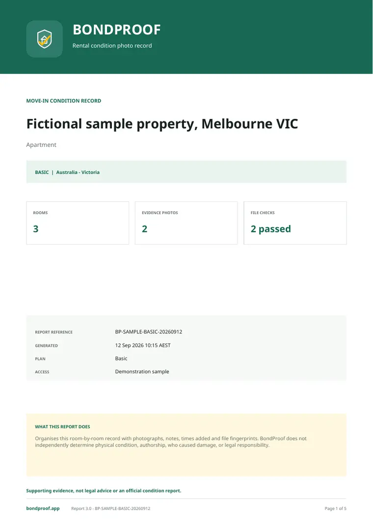 Cover of a real BondProof Basic sample report showing property, room, photo and file-check summaries