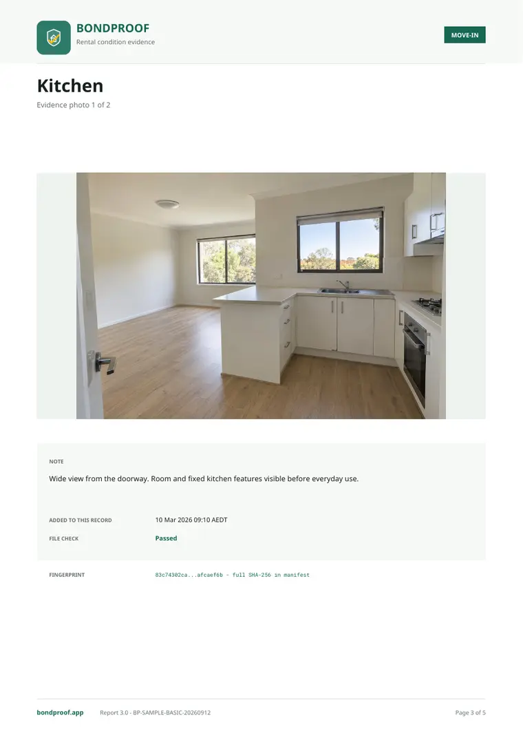 A real room page from the sample PDF with a kitchen photo, note, date and file check