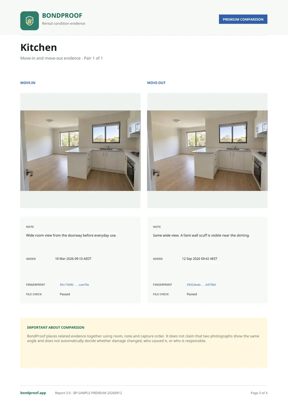 Real Premium sample PDF page comparing move-in and move-out kitchen photos side by side